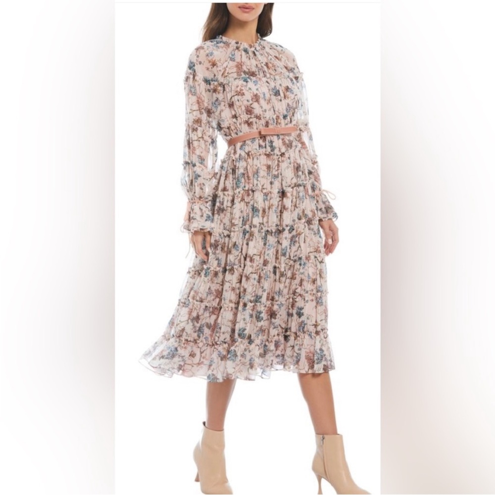 Antonio Melani x Nicola Bathie Claire Floral Crew Neck Long Sleeve Belted Dress